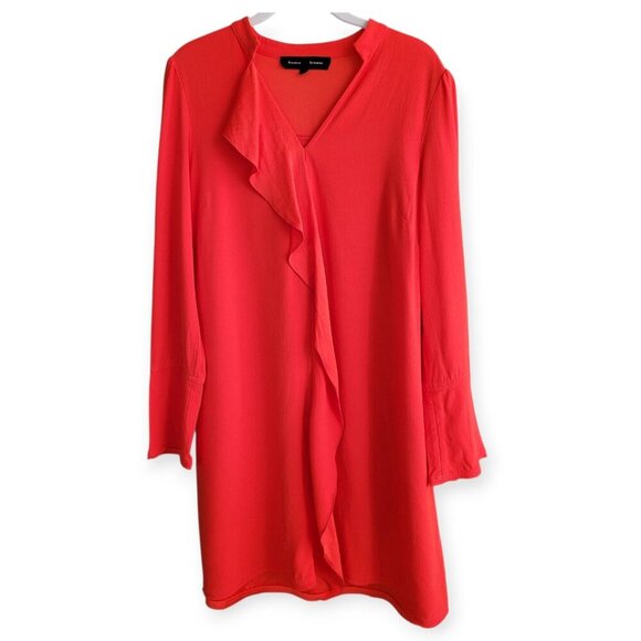 Proenza Schouler Mini Shift Dress Ruffle Embellishment V-Neck Burnt Orange W 10 - Picture 5 of 16